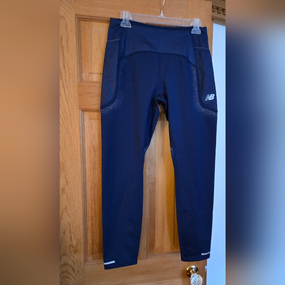 NB New Balance High Rise Tight W/Pocket leggings Sz M Blue Fleece Lined EUC WARM